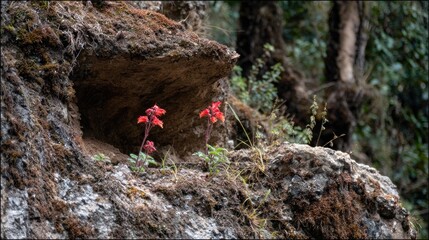 Red flowers bloom from a rocky crevice in a forest