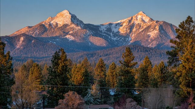 Snowy peaks at dawn, forested valley