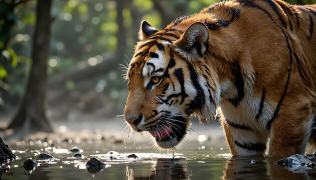 A tiger drinks water in the jungle. Wildlife, exotic animal