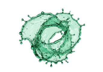 Close-up hyper-realistic photograph of an intensely emerald green water splash vortex, with spherical droplets frozen in motion, highly reflective on a white background. Concept for beverage