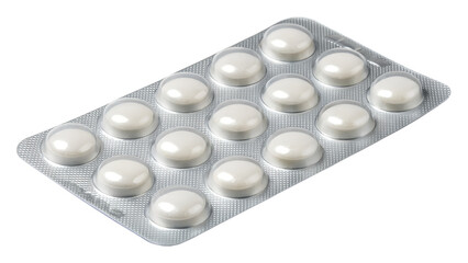 A blister pack containing twelve white round pills isolated on transparent background