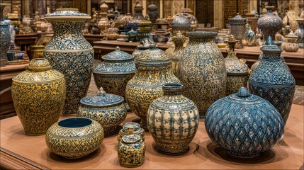Ceramic vases & jars, intricate designs, display