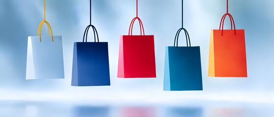 AI Ecommerce Hanging colorful shopping bags against a soft blue background.