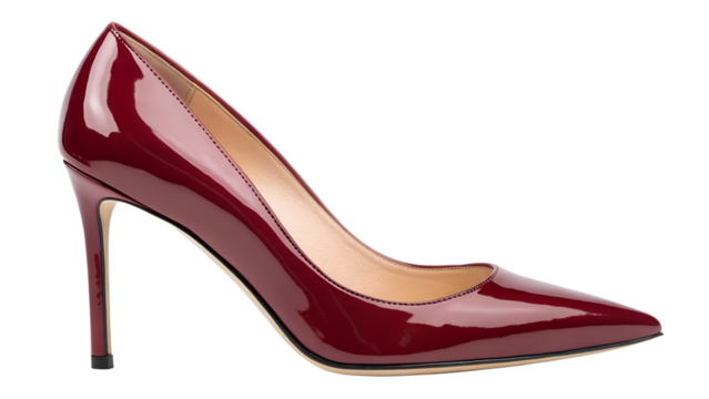 A single glossy dark red stiletto high heel pump shoe, isolated on transparent background