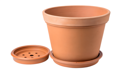 A terracotta plant pot with a matching saucer and a separate small saucer isolated on transparent background