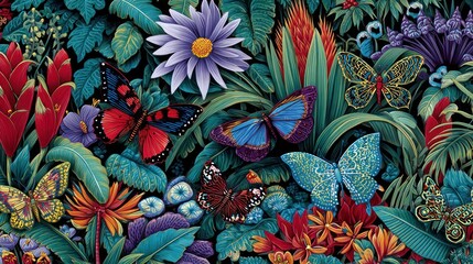 Vibrant tropical flowers & butterflies