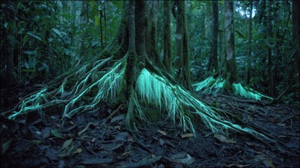 Glowing roots in a dark, lush rainforest