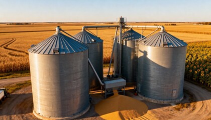Aerial view of grain silos on a farm during the corn harvest at sunset. Agricultural landscape with fields and storage bins. Food production and farming industry concept