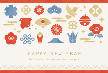 水彩風な縁起物モチーフの年賀状デザイン