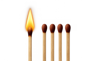 Burning match standing out from unlit matches, representing leadership, innovation, and individuality on transparent background