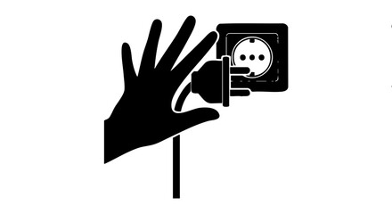 Hand plugging a cord into an electrical socket icon. Minimalist black and white silhouette. Vector graphic for power, safety, and warning signs