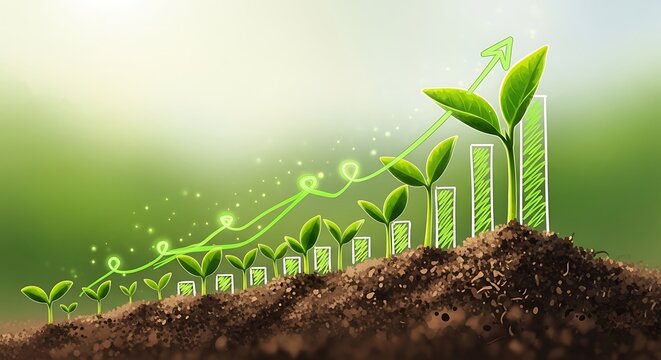 Seedlings growing in soil with upward trend line and bar graph illustration on green background - Powered by Adobe