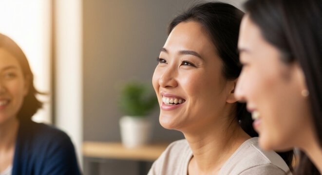 A happy young Asian woman smiling during a conversation with colleagues. Portrait of a cheerful female professional in a positive group meeting at the office