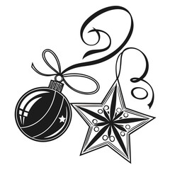 Black and white illustration of a christmas ornament and star with decorative swirls