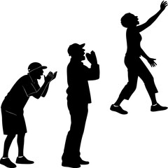 Silhouettes of people cheering and calling out with hands cupped around mouths
