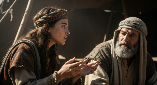 A young woman in a historical setting earnestly talking to an older bearded man. Biblical scene of a father and daughter in conversation. Ancient storytelling and wisdom concept
