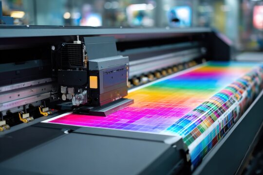 Close-up of a large-format digital printer producing a colorful test pattern on roll material in a professional print shop.