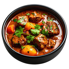 Fototapeta premium A vibrant top-down view of cuban ajiaco stew, a hearty soup with meats and vegetables, elegantly isolated on a pristine white background