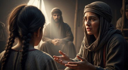 A woman in historical clothing teaching a young girl in an ancient setting. Mother and daughter in a biblical scene with dramatic lighting. Storytelling and faith concept