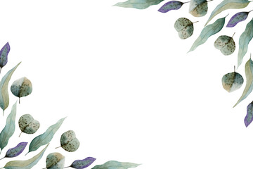 Watercolor leaves illustration frame horizontal border isolated on white background. Floral elements for print, cards, design, invitation.