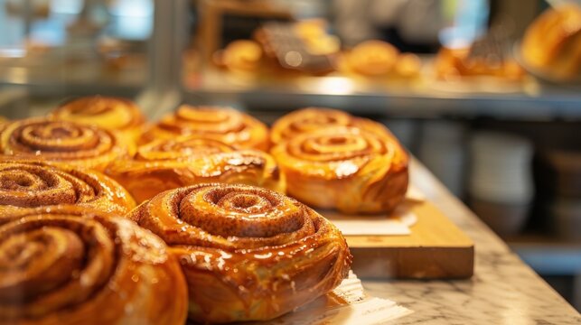 Freshly baked cinnamon rolls on wooden trays in a bakery setting, showcasing golden brown swirls and glossy glaze, representing baked goods and pastries.