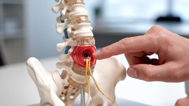 Doctor's hand pointing to a herniated disc on an anatomical spine model in a clinic