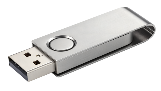 A silver usb flash drive memory stick for data storage, isolated on transparent background