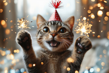 happy little baby kitten with christmas or birthday hat as santa claua. Cat enjoys Christmas.