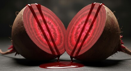 Sliced beetroot halves with dripping red juice on a dark surface
