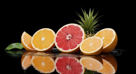 Sliced citrus fruits and pineapple arranged on a black reflective surface