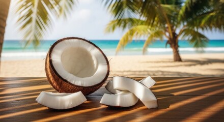 Sliced coconut on wood near ocean under palm trees, bright day