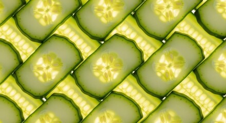 Sliced cucumber mosaic pattern, illuminated and revealing seeds