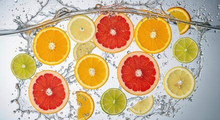 Sliced citrus fruit splashing in clear water, vibrant colors, refreshing