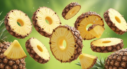 Sliced pineapples, some in the air, against a blurred green backdrop