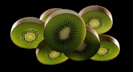 Sliced kiwis floating; green flesh, black seeds, fuzzy brown skin. Black background