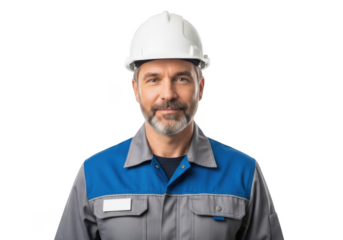 A smiling construction worker wearing a white hard hat and blue and grey work uniform isolated on transparent background