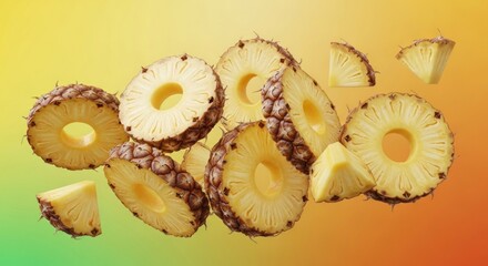 Sliced pineapples, some in the air, on a gradient background of yellow, orange, and green