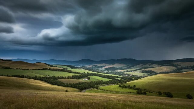Dramatic storm clouds gather over rolling green and golden hills in a vast, natural landscape.