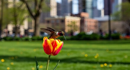 Naklejka premium Hummingbird Perched on a Vibrant Tulip in Urban Park