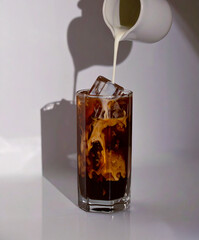 Milk Poured into Iced Black Coffee