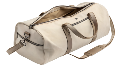 A creamcolored duffel bag with open zipper and strap isolated on transparent background
