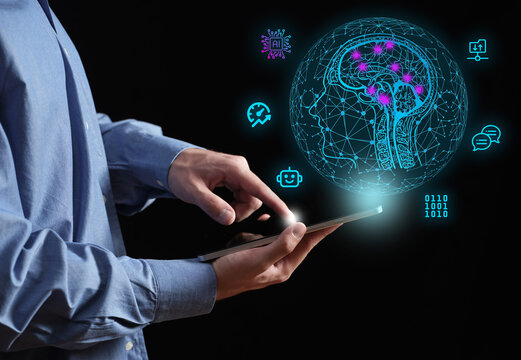 Person interacting with artificial intelligence brain concept on tablet