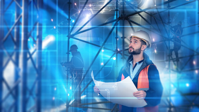 Construction engineer analyzes digital blueprints at a building site, integrating modern technology and project planning for smart infrastructure development.