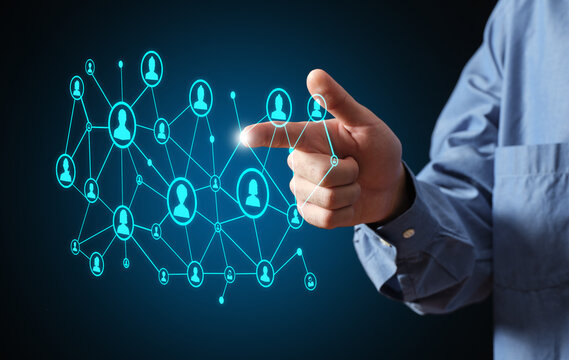 Person touching social network global connection interface