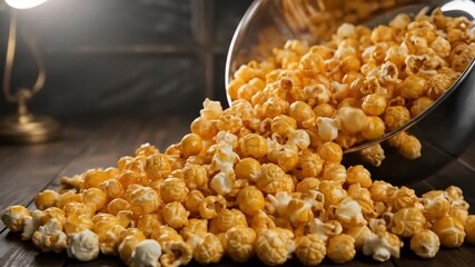 Golden Caramel Popcorn Spill From Metal Bucket Onto Dark Wooden Table with Soft Warm Lamp Lighting Evening Snack Time - Powered by Adobe
