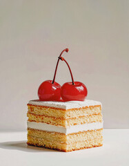 Square Layered Vanilla Shortcake Topped with Glazed Cherries