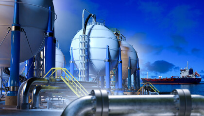 Oil and gas industry facility stores and processes liquefied natural gas for transportation and...