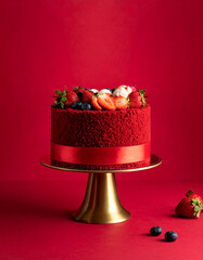 Red Velvet Whole Cake with Fresh Berries on Gold Stand