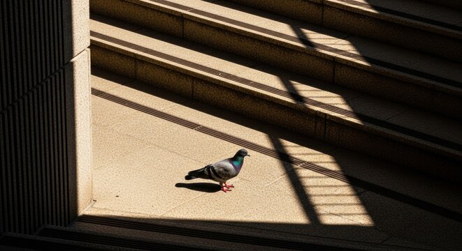 A lone pigeon on concrete stairs with dramatic shadows. Minimalist urban architecture with geometric lines. High contrast sunlight creating a graphic pattern. Concept of solitude and survival - Powered by Adobe