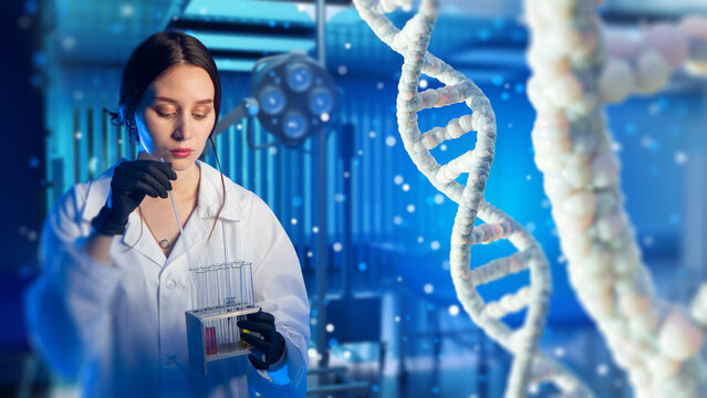 Genetic scientist conducts DNA analysis in a modern laboratory, researching molecular biology and biotechnology for medical innovation.